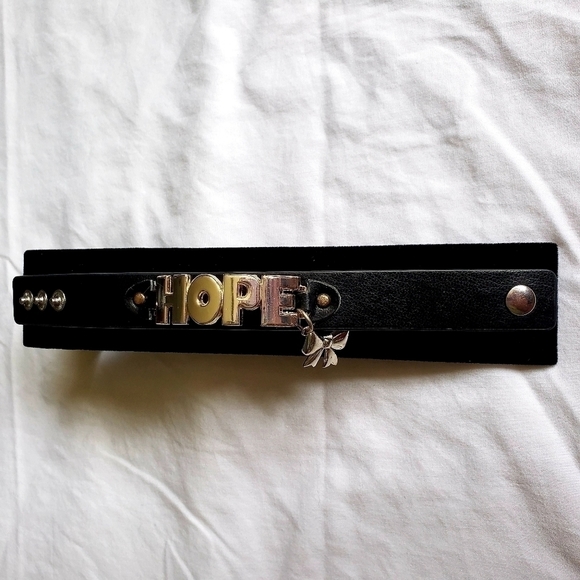 Black Leather Snap Cuff with Stainless Steel HOPE - Picture 1 of 4